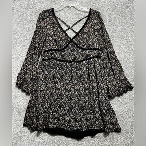 Xhilaration Black Floral Empire Waist Mini Dress Babydoll Bell Sleeve Grunge XL